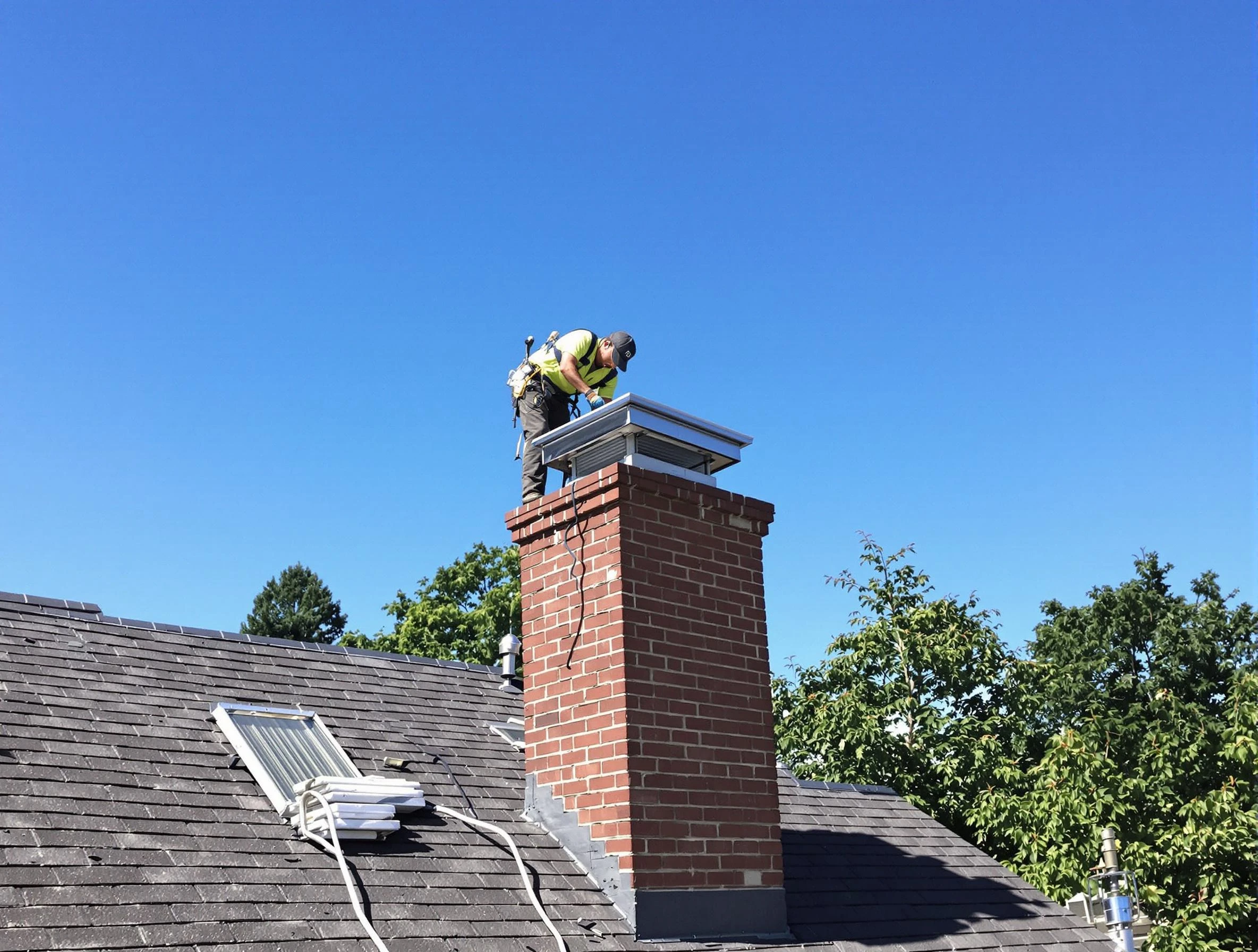 Adams Chimney Sweep technician measuring a chimney cap in Adams, PA